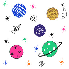 Space. Seamless pattern. Background with stars, planets and rocket