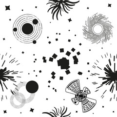 Space. Seamless pattern. Background with stars, planets and rocket