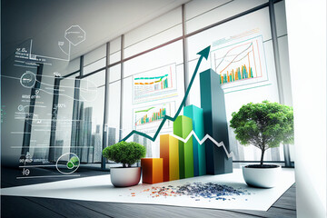 Modern corporate office with city skyline background and 3D illustrated colorful graphs which reference business, growth, profit, trading, economy, technology, analysis and more.  - obrazy, fototapety, plakaty
