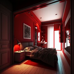 interior desing, professional room with red wall hd quality modern bed blanket picture on the wall windows photorealistic