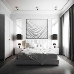 interior desing, professional room, white furniture, white bed modern with a picture frame with a white pattern