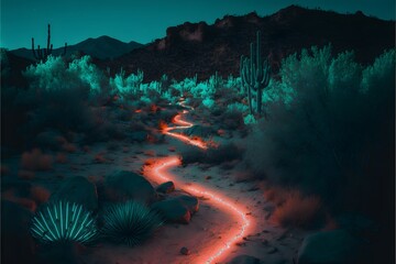 Neon lit walking track through the dessert, generative ai