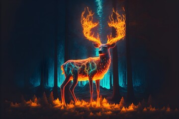 A neon-lit deer in the forest, generative au