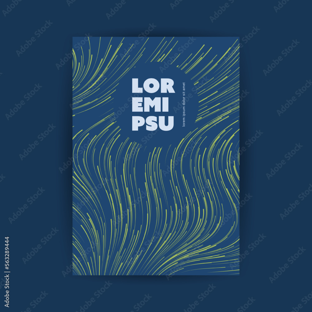 Poster dark blue moving, flowing stream of particles in curving, wavy lines - digitally generated futuristi