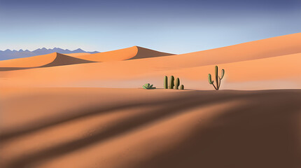 Fototapeta na wymiar Desert Arid Fantasy Landscape Illustration with Succulents, Cactus, Mountains and Dunes. Generative AI