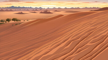 Fototapeta na wymiar Desert Arid Fantasy Landscape Illustration with Succulents, Cactus, Mountains and Dunes. Generative AI