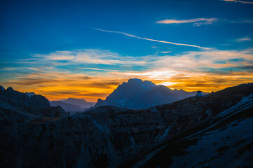 Naklejka premium Dusk on the Dolomites. Park of the three peaks of Lavaredo.