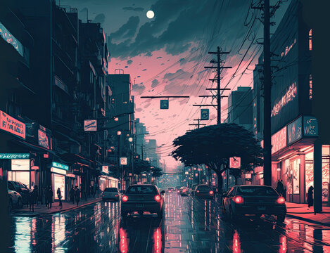 lo fi animation style night city skyline, ai generated