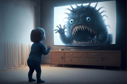un enfant &agrave; peur en regardant un programme interdit &agrave; la t&eacute;l&eacute;vision - illustration ia