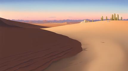 Obraz na płótnie Canvas Desert Arid Fantasy Landscape Illustration with Succulents, Cactus, Mountains and Dunes. Generative AI