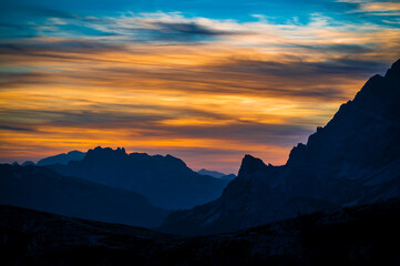 Dusk on the Dolomites. Park of the three peaks of Lavaredo.