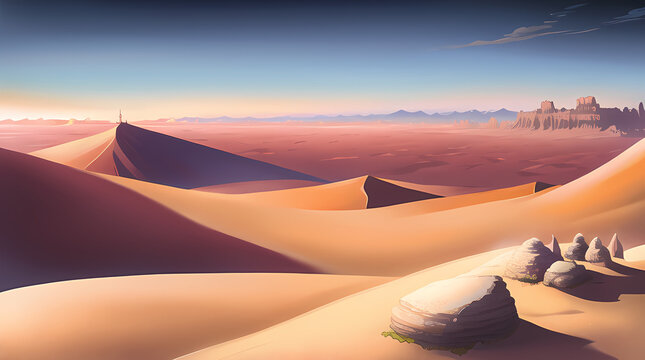 Desert Arid Fantasy Landscape Illustration with Succulents, Cactus, Mountains and Dunes. Generative AI © Floral Works