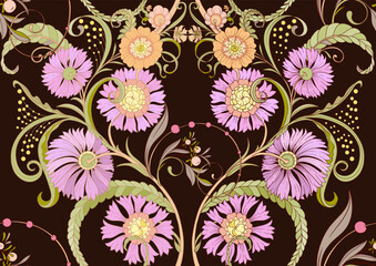 Decorative flowers and leaves in art nouveau style, vintage, old, retro style. Seamless pattern, background. Vector illustration.