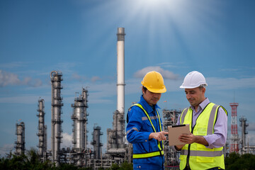 Engineer wearing uniform helmet  standing hand holding detail tablet inspection work plant site progress with plantation oil refinery industrial background.