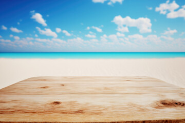 Copy space of tabletop on tropical beach with blue sky and white clouds abstract background. Product presentation in nature concept. Generative AI