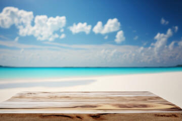 Fototapeta premium Copy space of tabletop on tropical beach with blue sky and white clouds abstract background. Product presentation in nature concept. Generative AI
