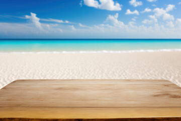 Fototapeta premium Copy space of tabletop on tropical beach with blue sky and white clouds abstract background. Product presentation in nature concept. Generative AI