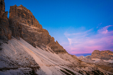 Dusk on the Dolomites. Park of the three peaks of Lavaredo.