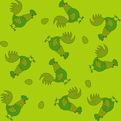 Paper pattern with green chickens and eggs on green background