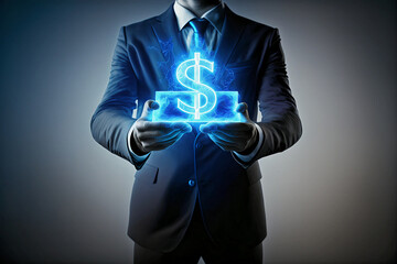 Businessman man holding money coin icon in his hands. Growing money concept for business investment and finance