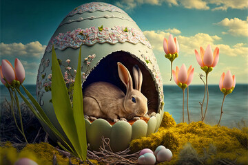 Adorable Bunny With Easter Eggs. Illustration