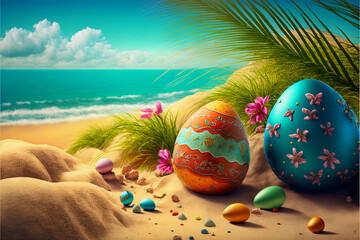Easter eggs resting on a beach. Holidays concept