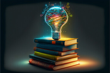 books with light bulb on top as symbol of ideas or invention . Studying, education, and learning concepts. Education day concept.