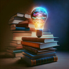 books with light bulb on top as symbol of ideas or invention . Studying, education, and learning concepts. Education day concept.