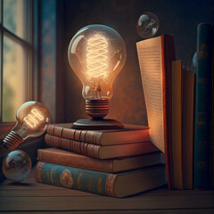 books with light bulb on top as symbol of ideas or invention . Studying, education, and learning concepts. Education day concept.