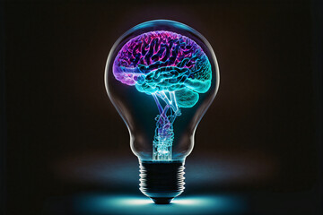 Lightning human brain inside a light bulb. Brainstorming concept