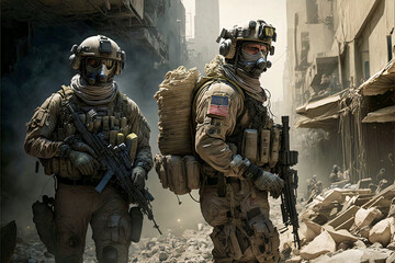 illustration of soldiers standing up in a war zone