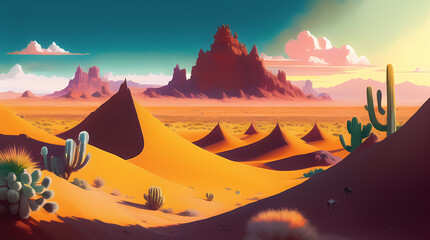 Plakat Desert Arid Fantasy Landscape Illustration with Succulents, Cactus, Mountains and Dunes. Generative AI