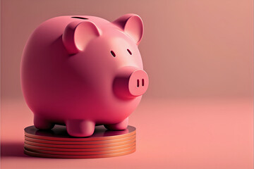 Pink piggy bank sitting on top of coin stack. Earnings and savings concept.