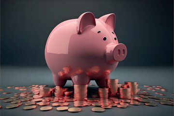 Pink piggy bank sitting on top of coin stack. Earnings and savings concept.