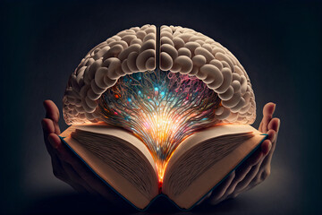 Hands holding Light bulbs show ideas from opening a book, discovering new ideas. with realistic brain icons simulate new concepts Concepts for reading, educating and creating