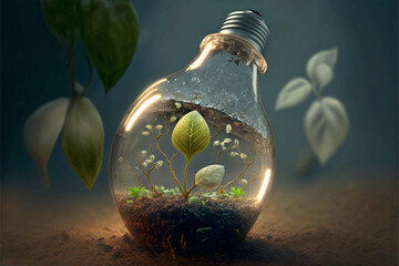 Light bulb with plant leaf inside on green natural blurred forest background. Concept of Eco technology, Green business, economy, eco-industries innovation. Go Green to minimize human impact