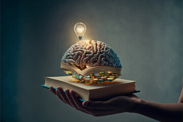 Hands holding Light bulbs show ideas from opening a book, discovering new ideas. with realistic brain icons simulate new concepts Concepts for reading, educating and creating
