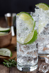 Gin and tonic cocktail with lime and ice - obrazy, fototapety, plakaty
