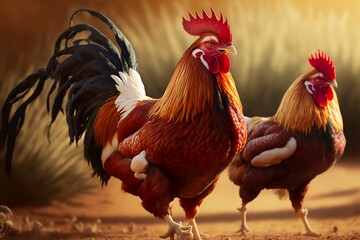 Fototapeta premium Portrait of chicken on a field closeup, farm in the background Generative ai 