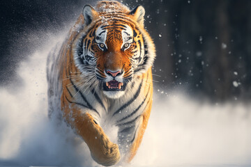 A tiger running through the snow in the wild, Generative AI