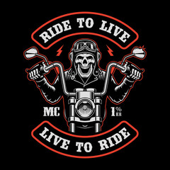 Biker patch with a skull in a helmet on a motorcycle