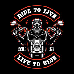 Vector biker patch with a skull on a motorcycle on a dark background