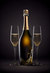 Elegante Champagnerflasche und Gläser auf einem schwarzen Hintergrund - perfekt für einen besonderen Anlass. Etikettlose Flasche mit Platzhalter - Generative Ai