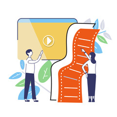 a flat design illustration of business person with monitor,film,icon