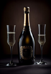 Elegante Champagnerflasche und Gl&auml;ser auf einem schwarzen Hintergrund - perfekt f&uuml;r einen besonderen Anlass. Etikettlose Flasche mit Platzhalter - Generative Ai