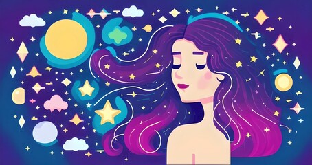 Woman flat character dreaming in space with flying hair, starry Galax background 