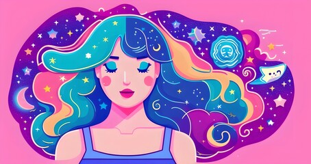 Woman dreaming in space, starry background, space