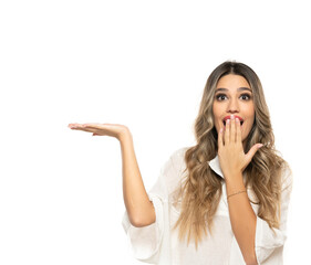 portrait of a young happy woman with long wavy hair nad makeup advertise some product on a white background