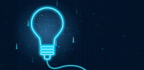 Illustration of a neon light bulb on a blue background. Idea concept, brainstorming