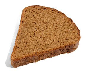 Triangular rye piece of bread on a white isolated background